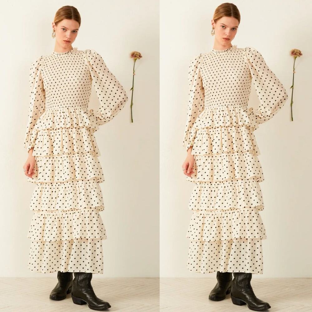 NWT NEW Alix of Bohemia Shelby Cream Dot Smocked Maxi Dress